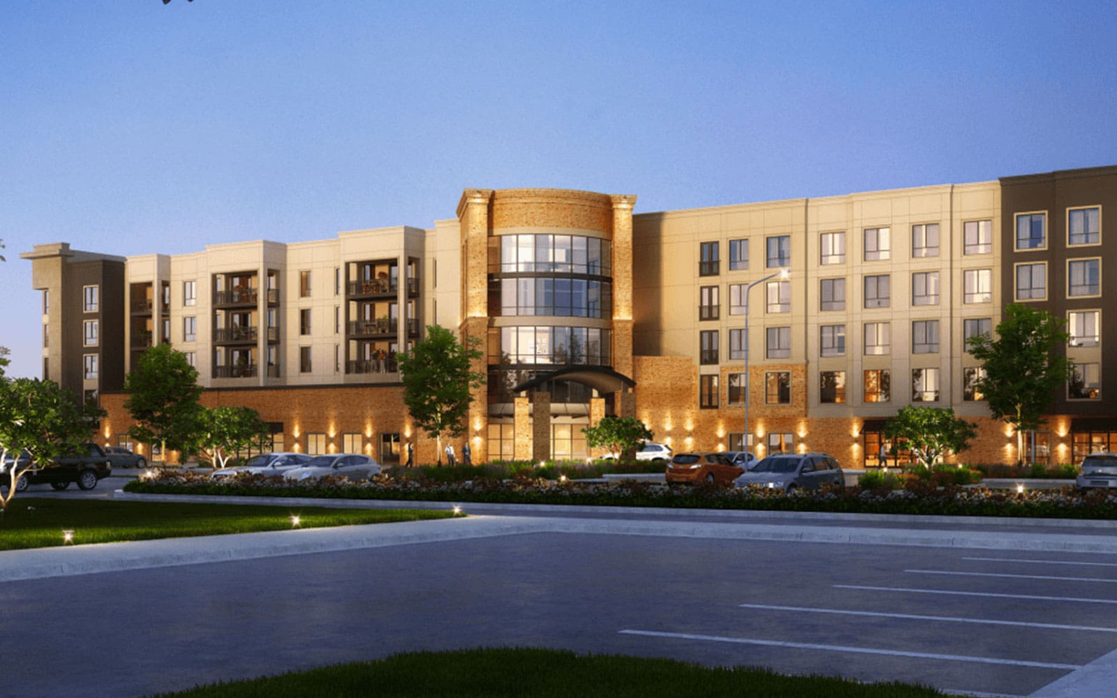 The exterior of Arcadia, showcasing multiple stories and parking options.